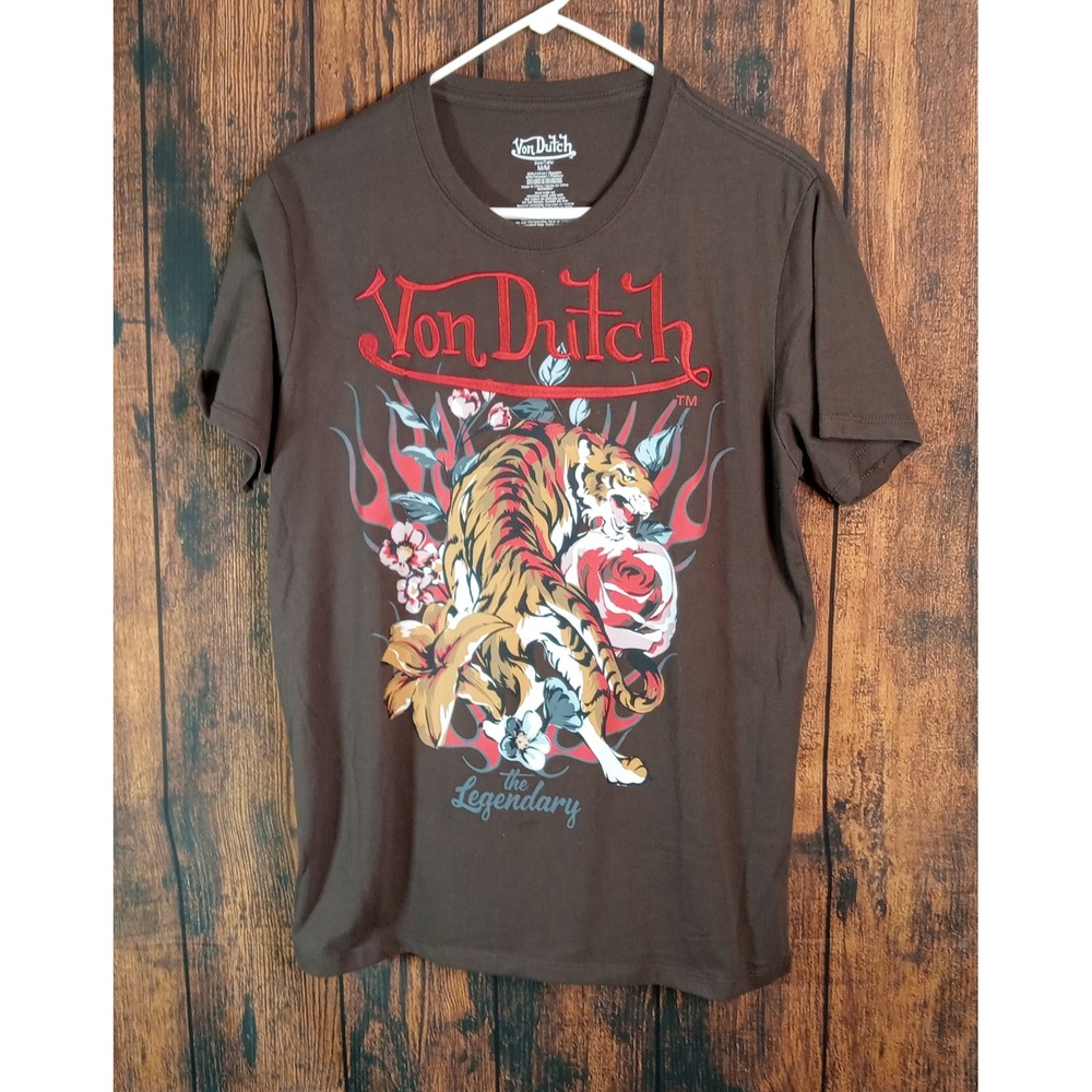 Von Dutch Mens Brown Tiger Rose Graphic T-Shirt Medium Embroidered Logo Tee